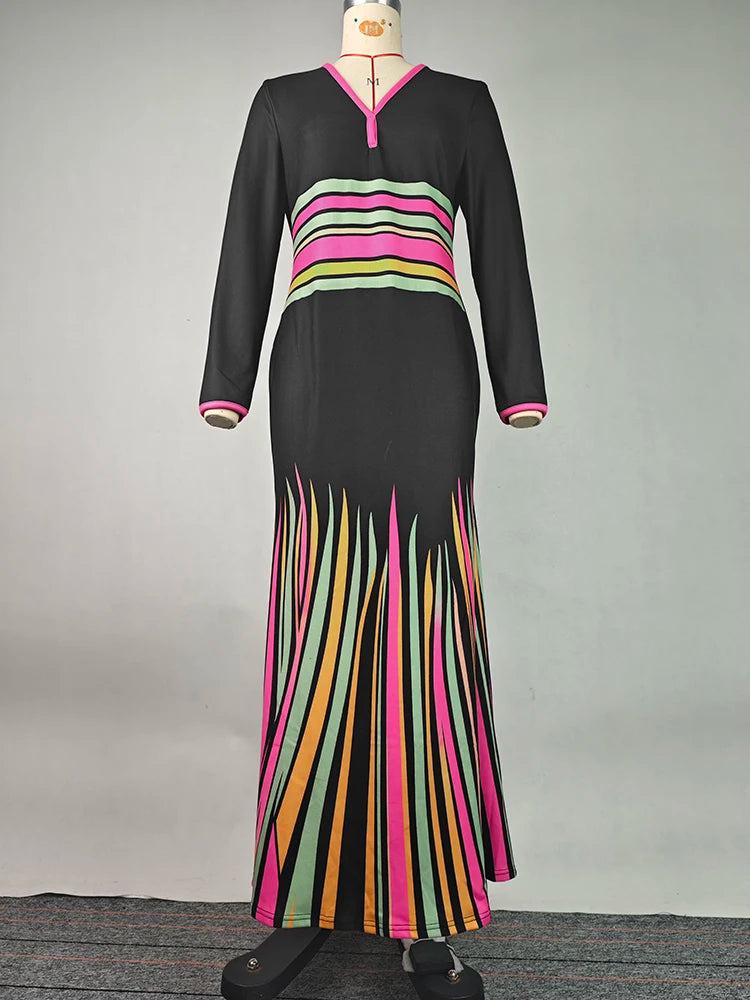 2025 Ladies Bodycon Dress V-neck Long Sleeves Colorful Striped Evening Dresses for Women High Waist Pleated Dress