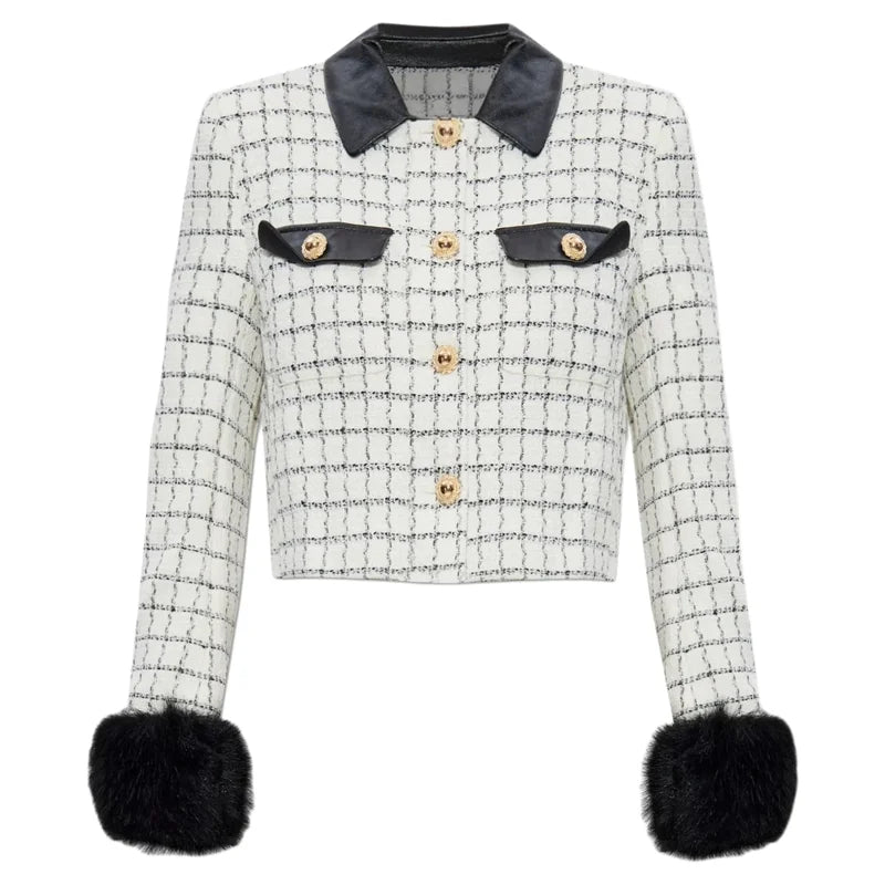 High-end French Fashion White Plaid Tweed Coat High Waist Short Skirt Long Sleeve Dress 2025 Autumn Winter Women's Clothing