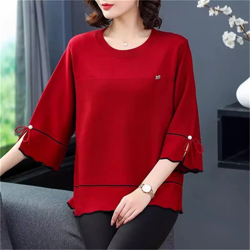 6XL Mom Large Summer New Ice Silk Shirt 3/4 Sleeves Round necked T-shirt Knit Sweater Loose Top For Wearing Outwear Top Black