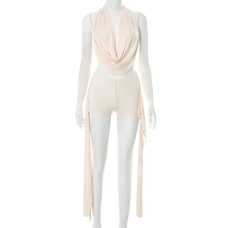 Joskaa 2025 Summer Beach Style 2 Piece Sets Women Sexy Backless Bandage Halter Tops and Ribbons Shorts Matching Vacation Outfits