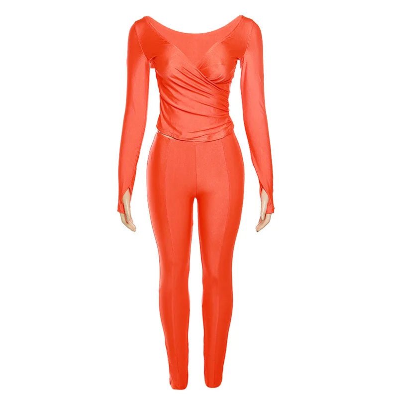 2025 Spring/Summer Women's Sexy Off Shoulder Big V-neck European and American Style High Waist Tight Pants Casual Sports Set