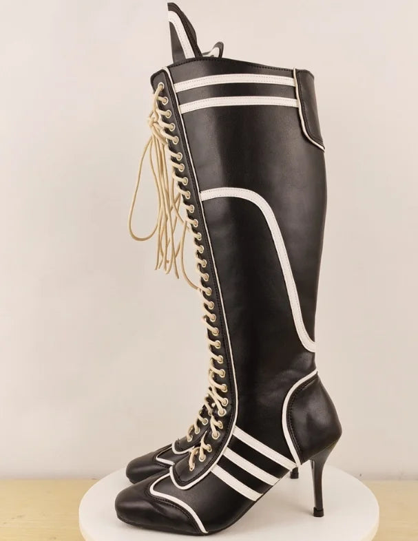 Sewing Knee High Boots Leather Lace-Up Patchwork Square Toe Kitten Heels Fashion Luxury Elegant Concise Sexy Women Shoes Newest
