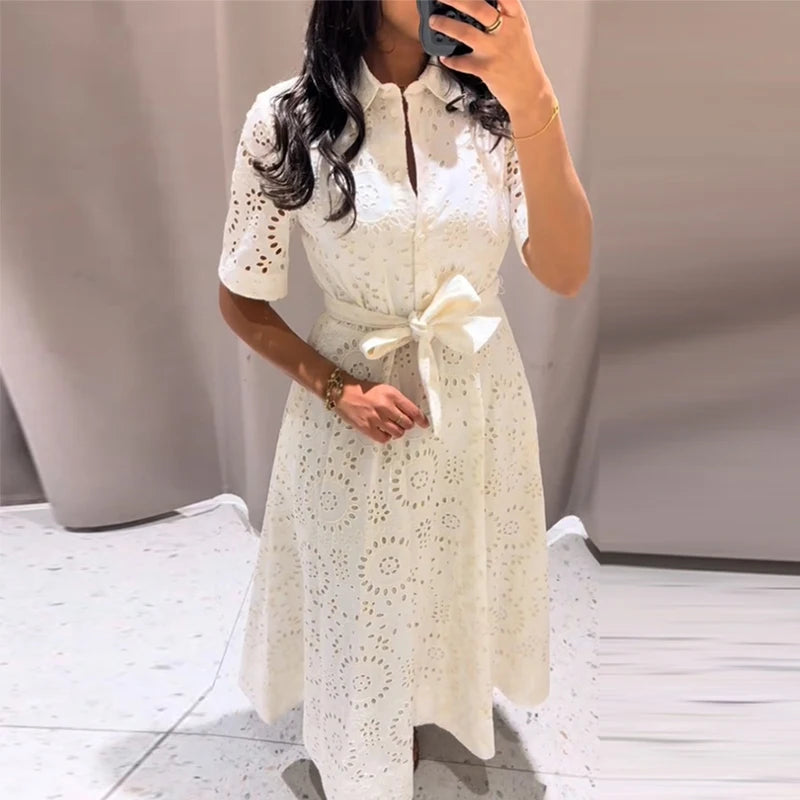 Embroidered maxi Dress Women Lapel Hollow Fashionable Short Sleeve Belt High Waist long Dresses Female Summer Chic robe