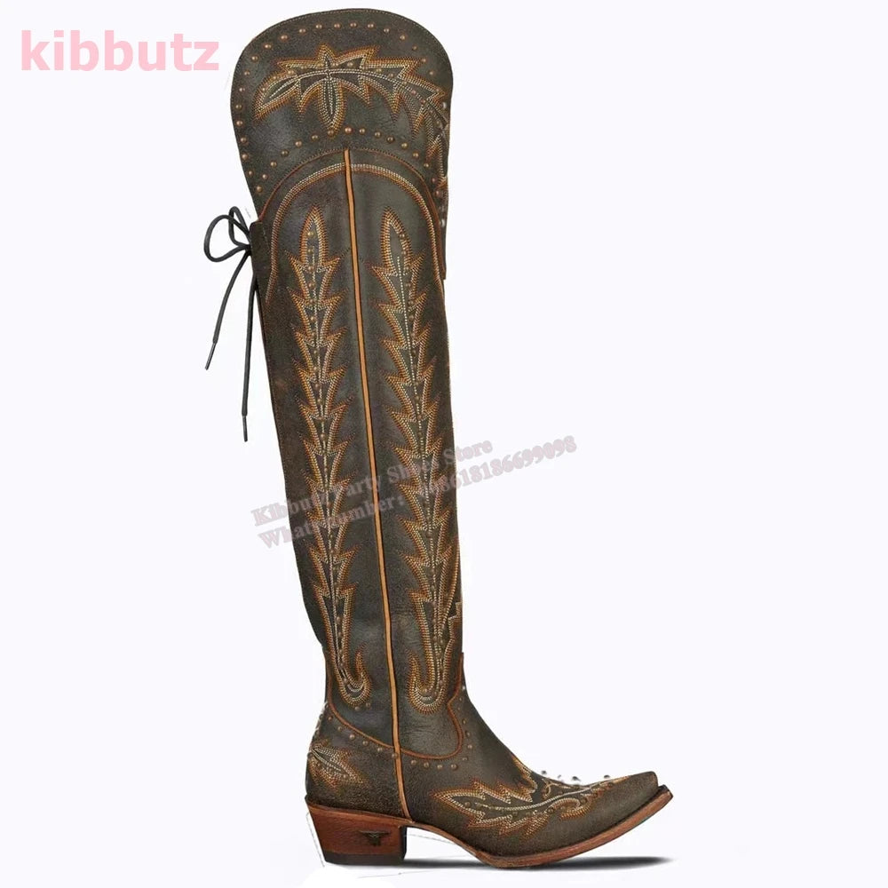 Rivet Cowboy Vintage Boots Over The Knee High Embroidery Lace-Up Luxury Leather Pointed Toe Chunky Heels Fashion Concise Shoes