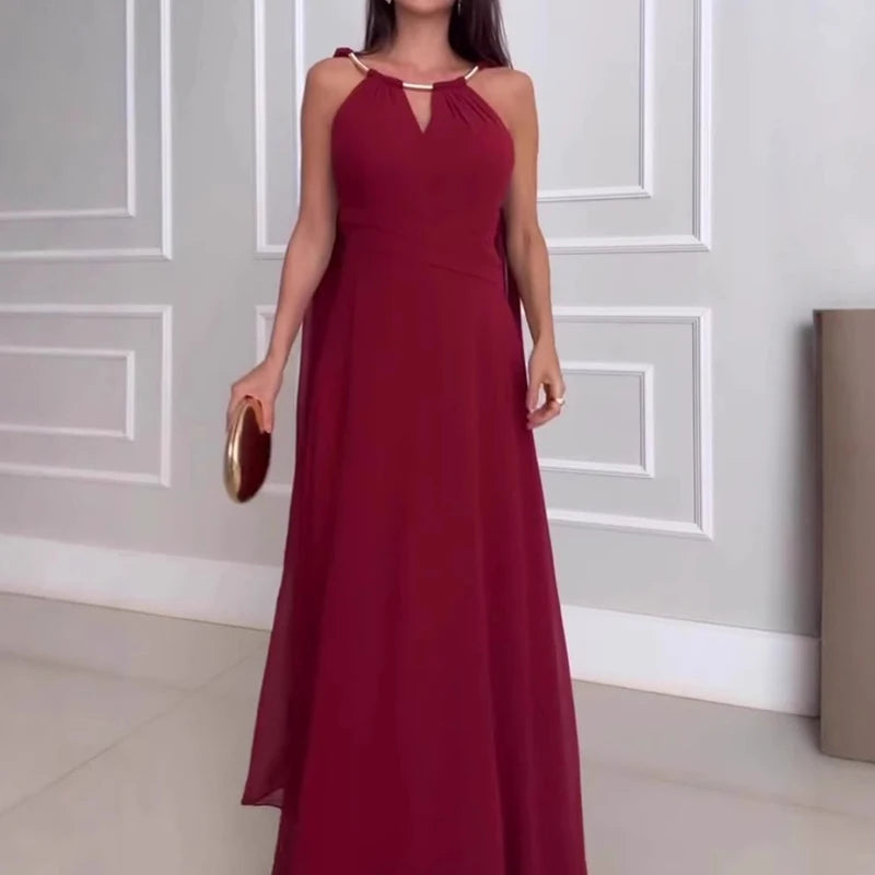 New 2025 Chiffon High Waist Pleated Long Dress Women's Fashion Cocktail Dress Elegant O-neck Flying Sleeves Solid Evening Dress