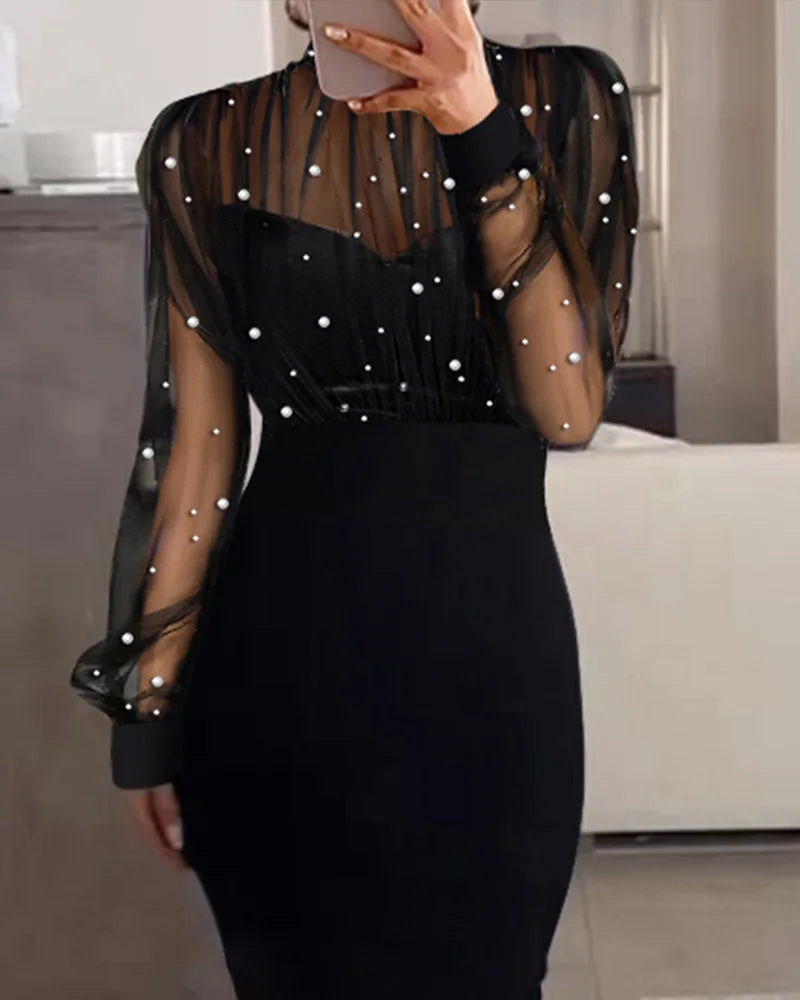 Women Mesh Pearl Splice Long Dress Full Sleeve Slim Fit Wrap Hip Dresses Sheath Evening Vestidos Sexy Elegant High Waist