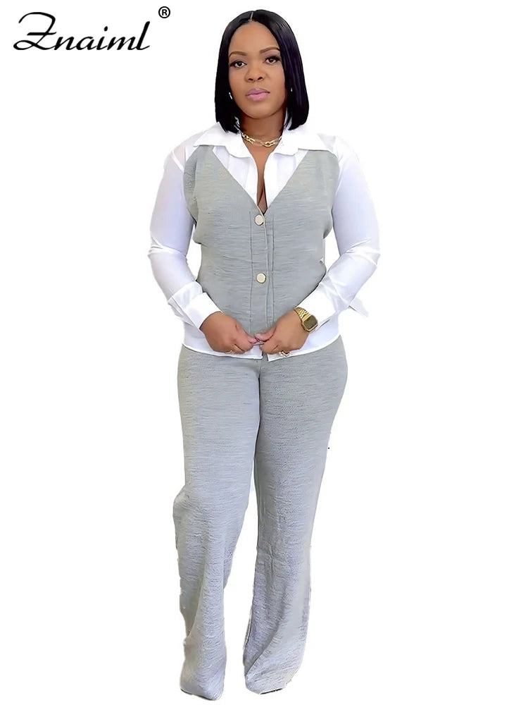 Znaiml Elegant Office Women's Long Sleeve Patchwork Vest Shirt and Straight Pants Two 2 Piece Sets Work Suits Matching Outfits