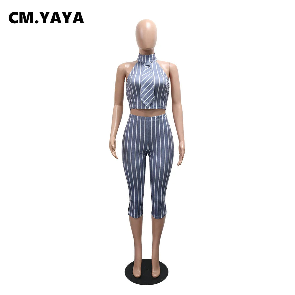 CM.YAYA Striped Printed Women's Set Sleeveless Necktie Tops and Leggings Pants 2025 Sexy Party Two 2 Piece Sets Outfit Tracksuit