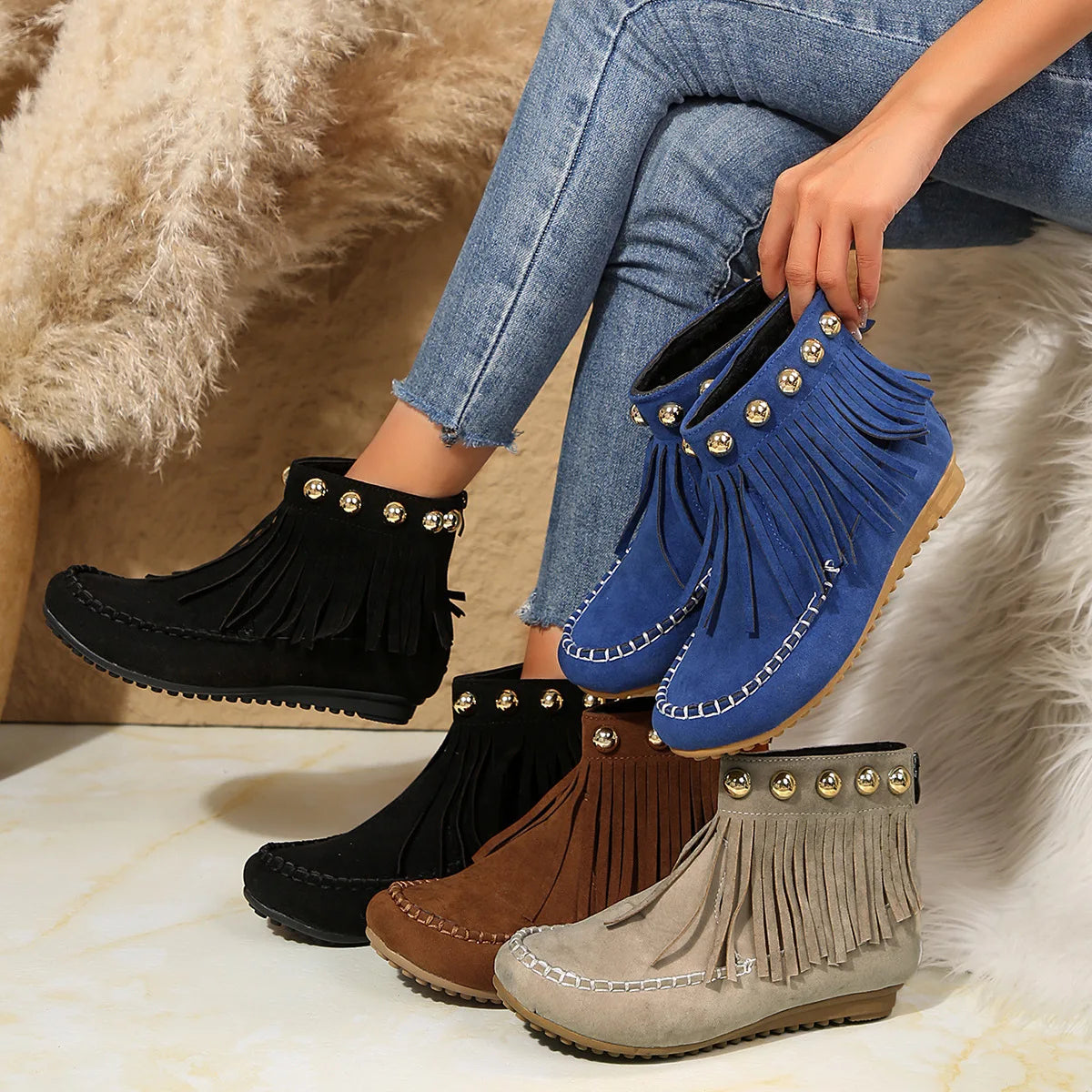 Women Boots Winter New Vintage Fringe Ankle Boots Women Side Zipper Casual Shoes Round Toe Ladies Snow Boots Zapatos De Mujer