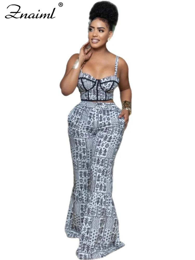 Znaiml Sexy Spaghetti Strap Backless Crop Top and Flare Pants 2 Pieces Set Woman Fashion Black White Print African Outfits 2025