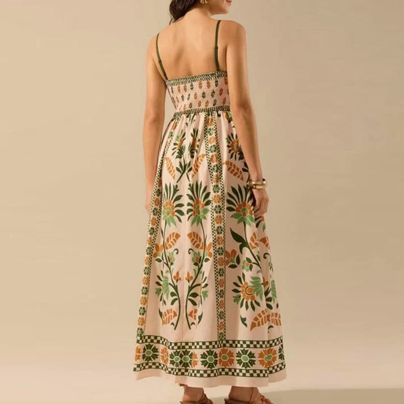 Sexy Women's Off Shoulder Summer Long Dress Casual Bohemian Pleated Sling Dress Graffiti Printed High Waist Beach Dress Vestidos