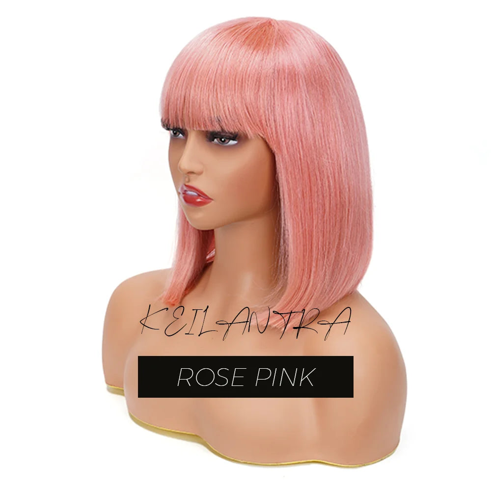 Straight Human Hair Bob Wigs with Bangs Remy Full Machine Made for Women Hightlight Burgundy Brown Colored BOB Wig