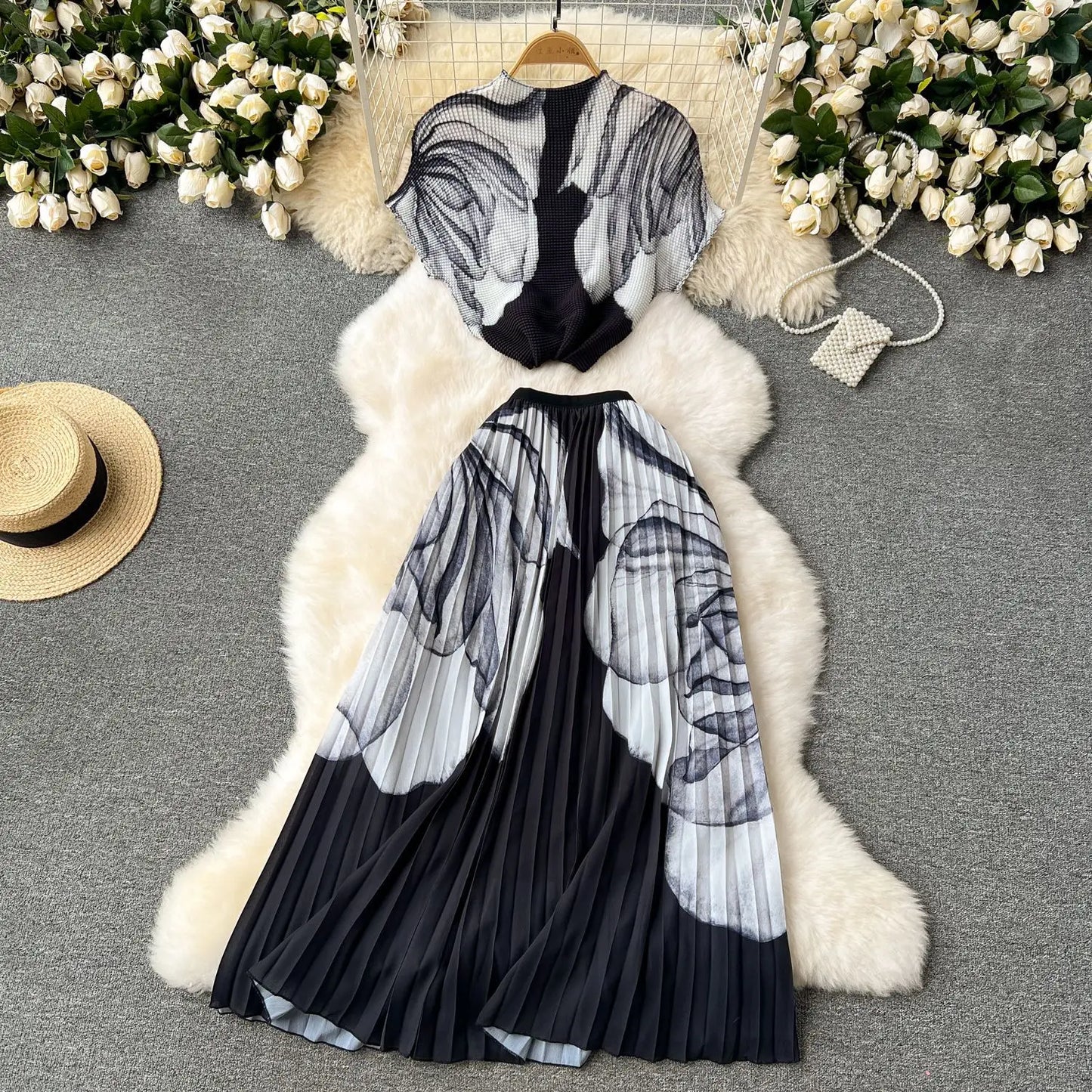 Summer Contrast Color Miyake 2 Pieces Set Women's Short Sleeve High Stretch Pullover Shirt Top+Long Pleated Chiffon Skirt Suit