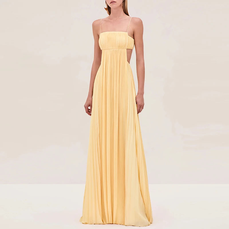 Sexy Lady Backless Solid Swing Dress Elegant Sleeveless Hollow Long Dress Fashion Off Shoulder High Waist Pleated Evening Dress
