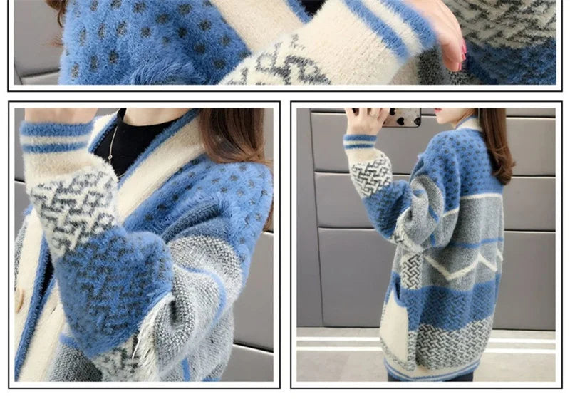 Mink Velvet Knitted Cardigan Jacket Women's 2022 New Loose Ladies Sweater Outerwear Spring And Autumn All-Match Button Jacket