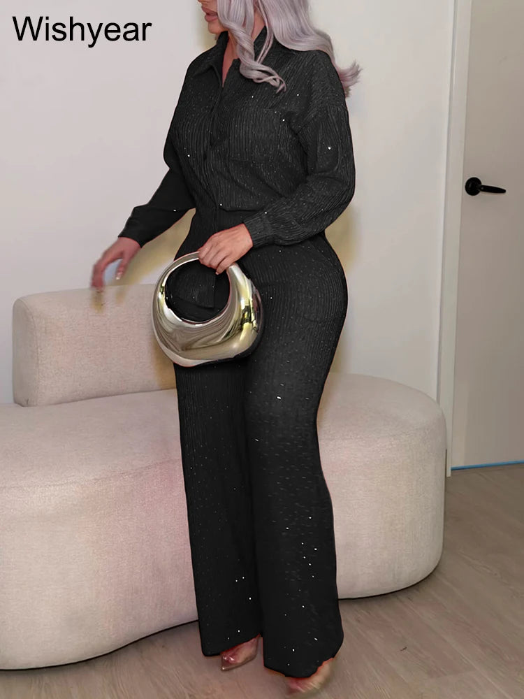 Yellow Sequin Two Piece Long Sleeve Pants Set for Women