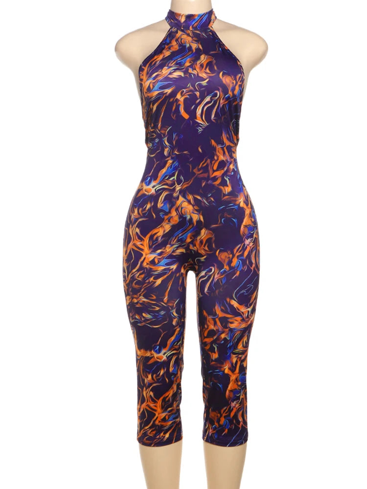 Weird Puss Sexy Print Halter Romper Women Bandage Summer Colorful Hipster Backless Activity Workout Fit Tight Stretch Playsuits