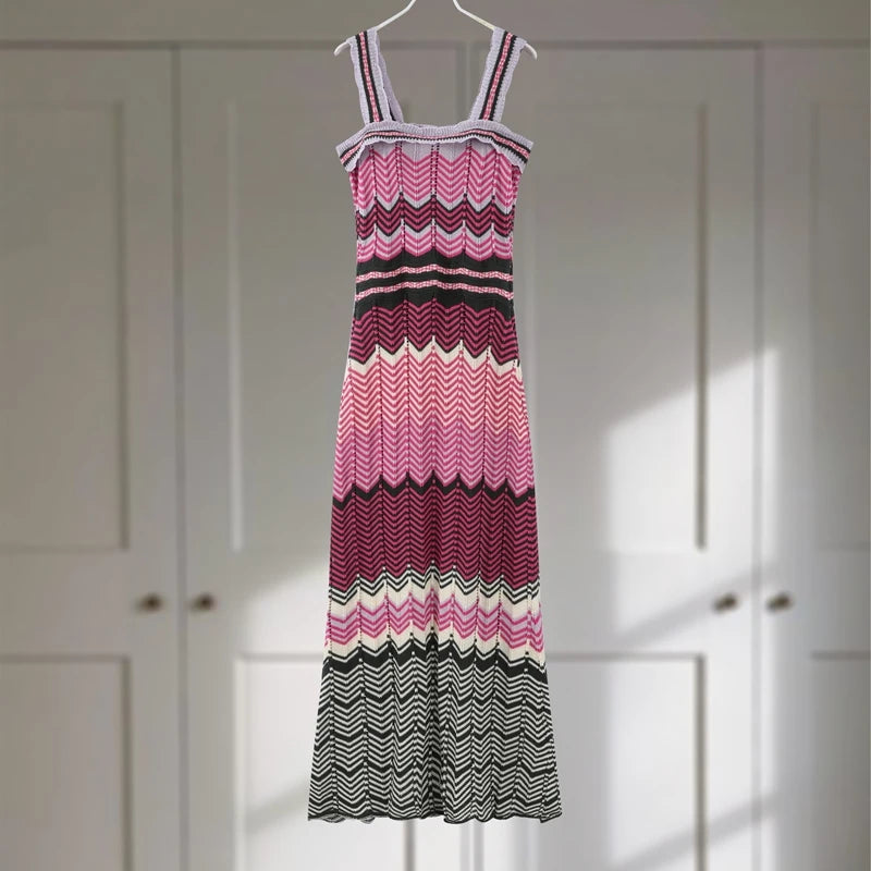 Patchwork Contrast Knitted Women' Dresses Square Collar Backless Sleeveless Bohemian Long Dress Female Summer Lady Beach Robes
