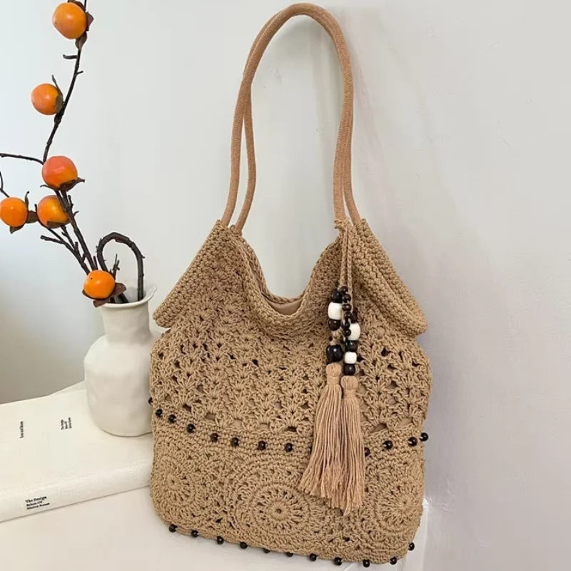 Hollow Crochet Women Bags Bohemian Large Capacity Handbags Korean Popular Bag New Tassel Cotton Shopping Bag Shoulder Bag Women