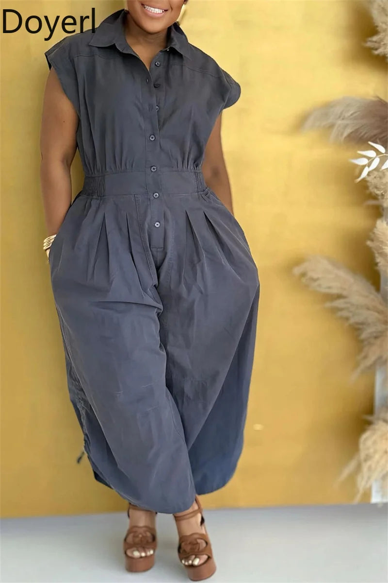 Doyerl Solid Casual Summer Jumpsuit Woman Clothing Turn-down Collar Button Up Sleeveless Loose Rompers One Piece Overalls 2025