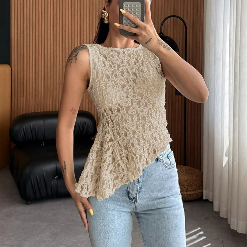 Women's Casual O Neck Sleeveless Irregular Tees 2025 Summer Solid Color Waist Blouses Perspective Lace Slim Fit Club Party Tops