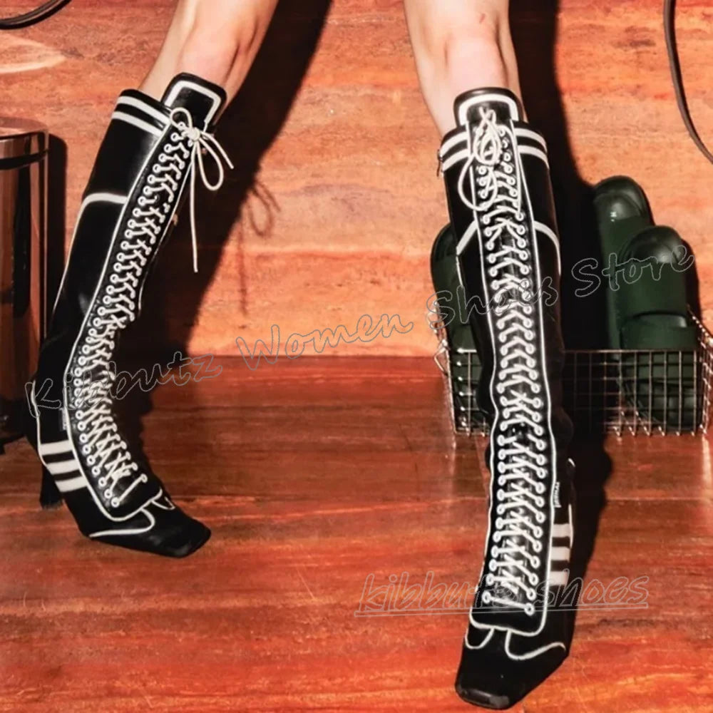 Sewing Knee High Boots Leather Lace-Up Patchwork Square Toe Kitten Heels Fashion Luxury Elegant Concise Sexy Women Shoes Newest