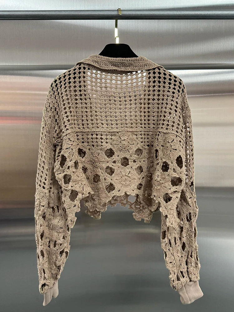 VGH Hollow Out Solid Sheer Short Shirts For Women Lapel Lantern Sleeve Minimalist Casual Loose Pullover Blouses Female Fashion