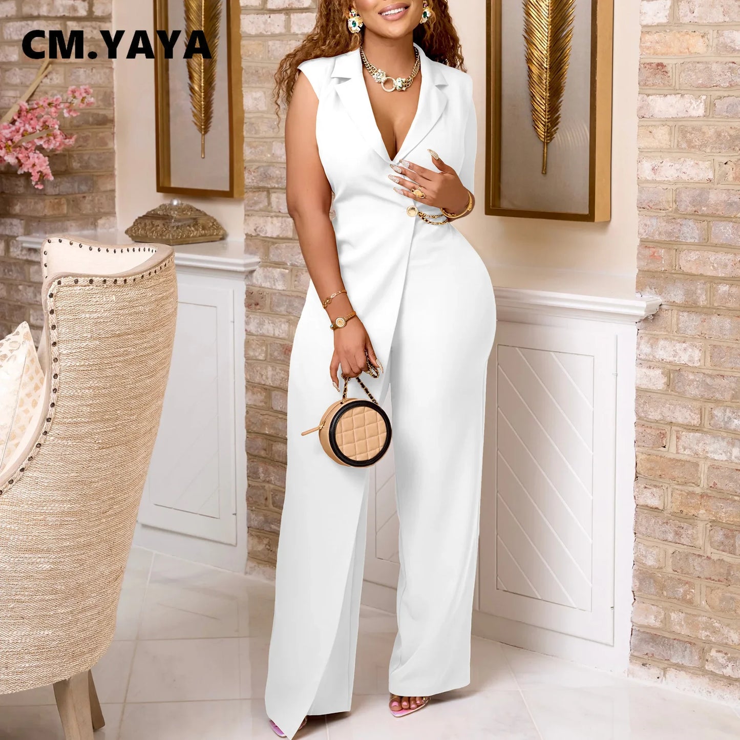CM.YAYA Women Wide Leg V-Neck Sleeveless Jumpsuits Waist Chain 2024 Summer OL Beach Night Club Playsuit One Piece Suit Romper
