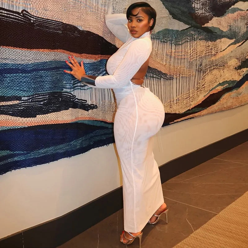 CM.YAYA Women Full Sleeve Mesh See Through Maxi Long Dress 2025 Summer Backless Night Party Birthday Evening Dresses Vestidos