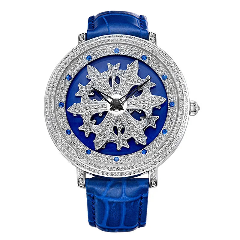 Luxury Davena Spin Snow Flower Women's Watch Japan Mov't Crystal Lady Hours Fine Fashion Real Leather Bracelet Girl's Gift Box
