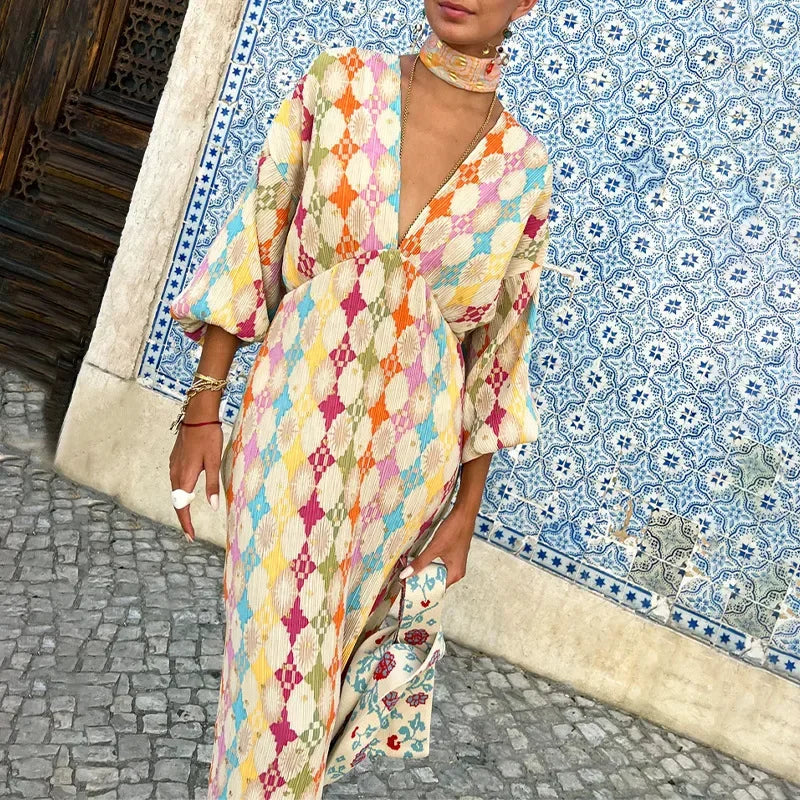 Elegant Printed Long Dress Women's Sleeveless V-neck Lantern Sleeve Midi Dress Cross-Border Fashion Casual Elegant Style