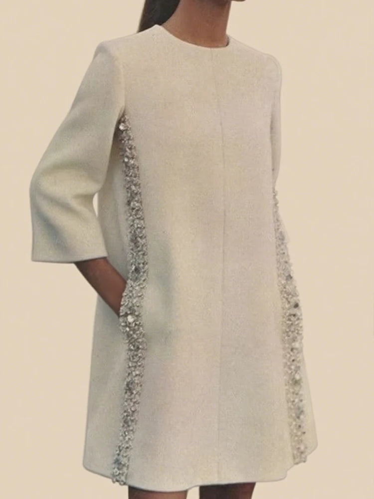 Elegant White Dresses Pretty Dress Spring Autumn Fashion Long Sleeves Loose Sequined Solid Color Luxury Round-neck Mini Dresses