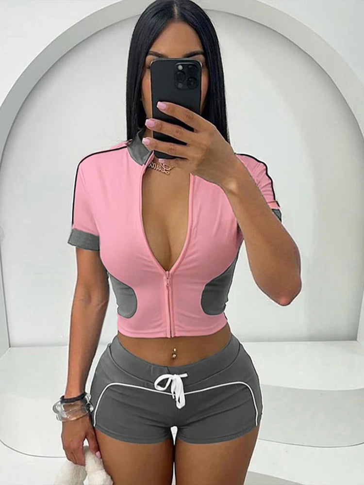 Weird Puss Summer Women Casual 2 Piece Set Tracksuit Zip Patchwork Shorts Sleeve Crop Tops+Shorts Stretch Sporty Outfits
