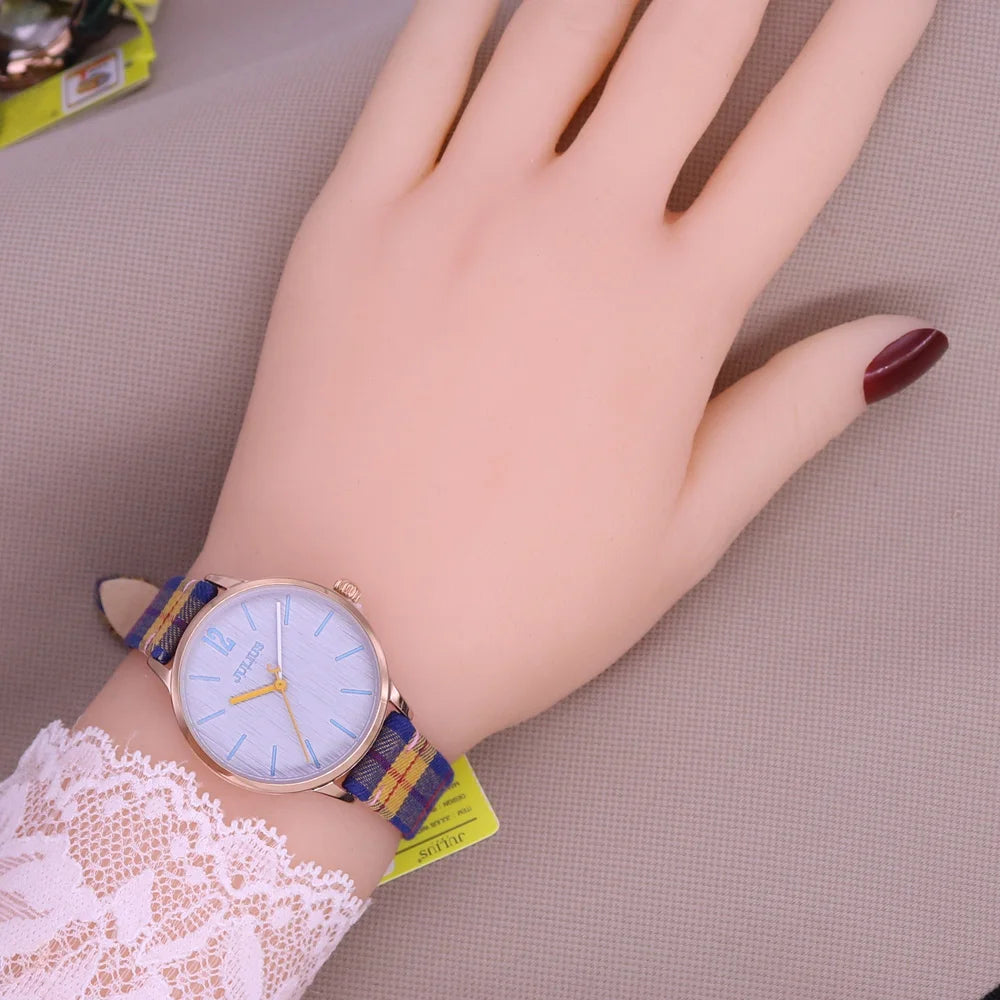 New Julius Women's Watch Fine Fashion British Plaid Style Hours Dress Bracelet Real Leather Clock Girl Birthday Gift Box