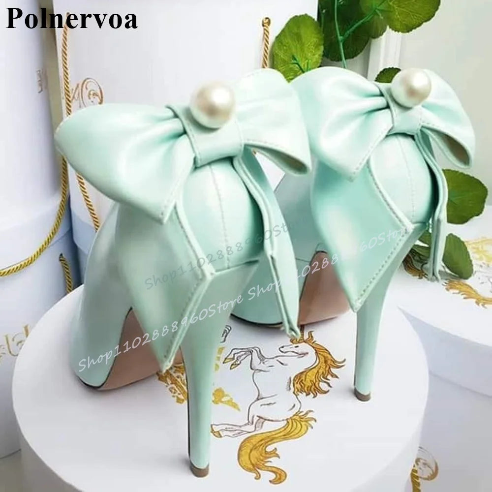 Pink Bowknot Pearl Decoration Shallow Pumps Thin High Heel Shoes For Women Slip On Pointed Toe 2025 Fashion Zapatos Para Mujere
