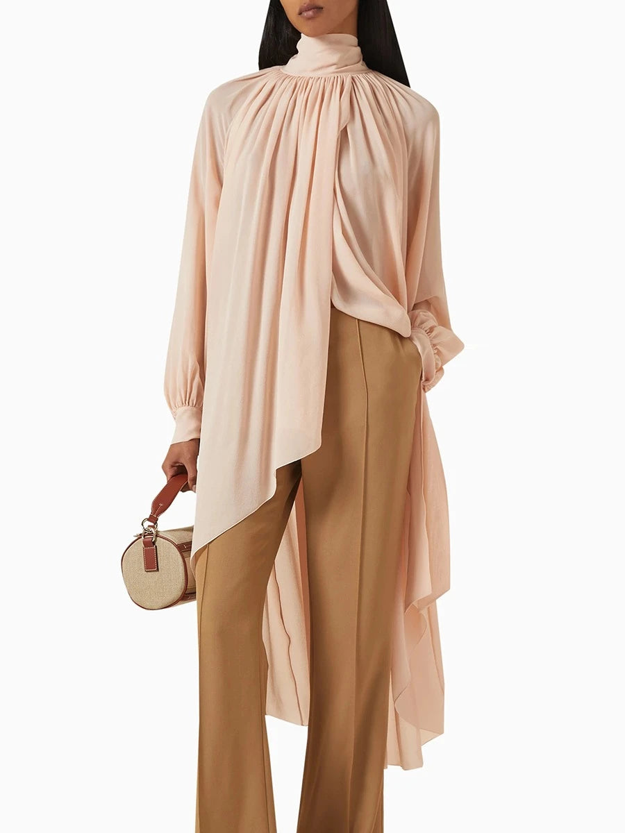 TWOTWINSTYLE Solid Loose Sheer Spliced Folds Fashion Blouses for Women High Neck Long Sleeves Irregular Blouse Female Clothing