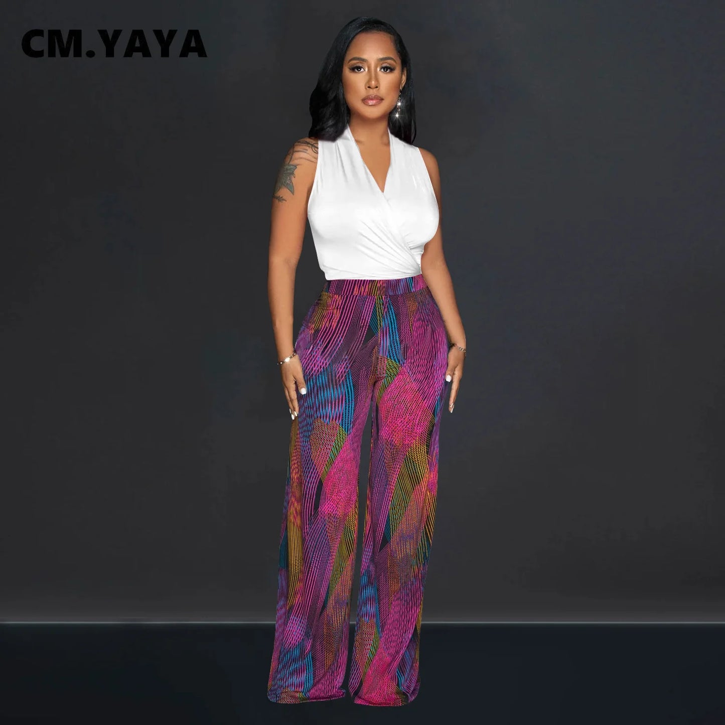 CM.YAYA Women's Set Wrap V-neck Tie Up Tank Top and Galaxy Striped Wide Leg Pants 2023 Street Two 2 Piece Sets Outfits Tracksuit