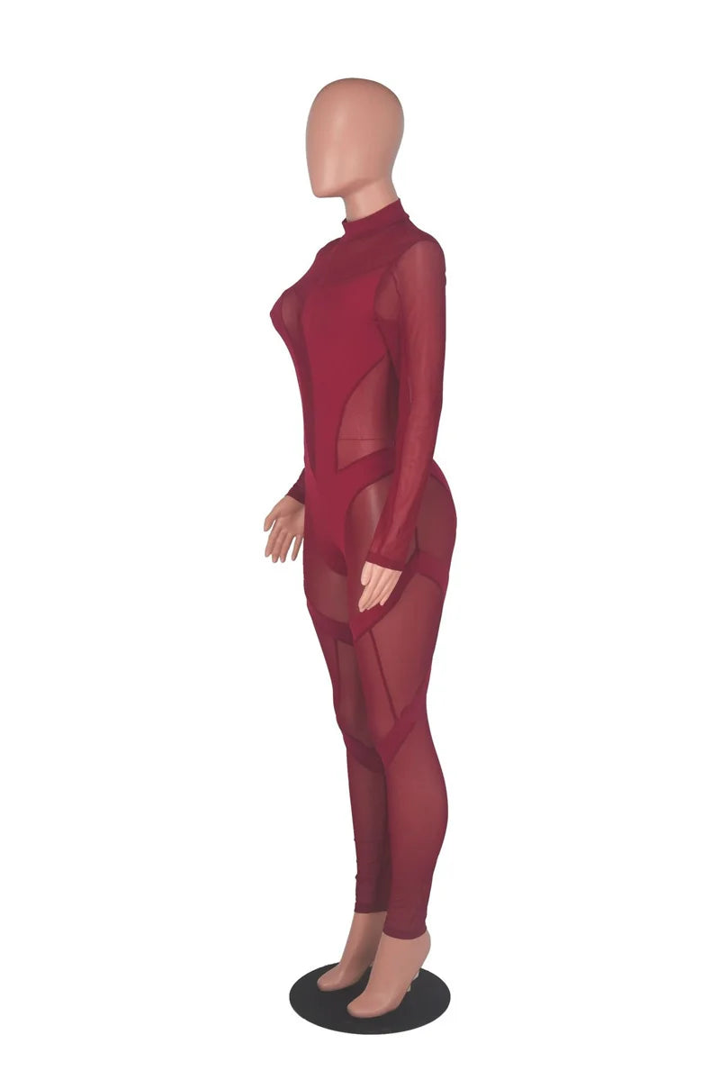 Sexy Sheer Mesh Jumpsuits Women Party Club Outfits Skinny Patchwork Long Sleeve See Through Rompers Womens Jumpsuit Midnight