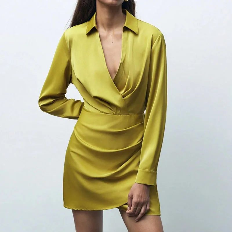 Casual Office Wrap Hip Short Dresses Autumn New Satin Solid Color A-line Dress 2025 Fashion V-neck High Waist Pleated Mini Dress