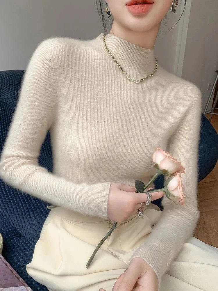 Women 100% Cashmere Sweater Mock Neck Pullover Autumn Winter Slim Basic Cashmere Knitwear Soft Warm High Strecth Pullover Tops