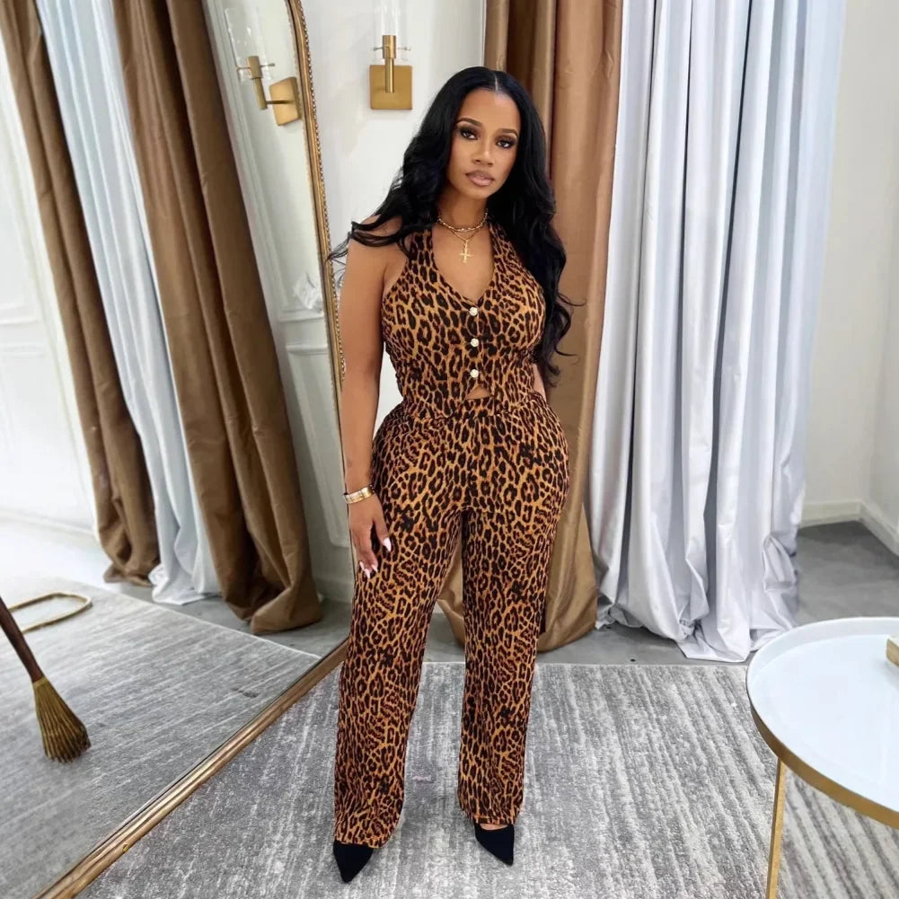 Activewear Leopard Print Women's Set Sleeveless Vest Tops and Wide Leg Pants Sporty Two 2 Piece Sets Outfits Tracksuit