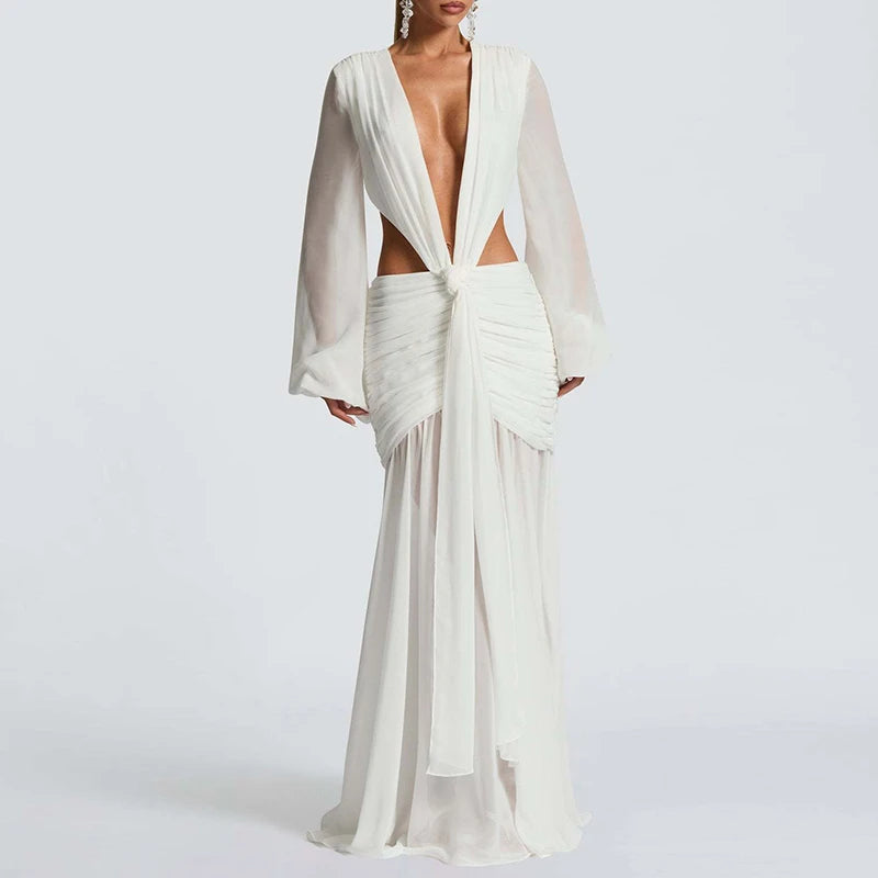 2025 New Autumn Long Sleeved Pleated Evening Dress Elegant Hollow High Waist Robe Dress Casual Women Chiffon Deep V Party Dress