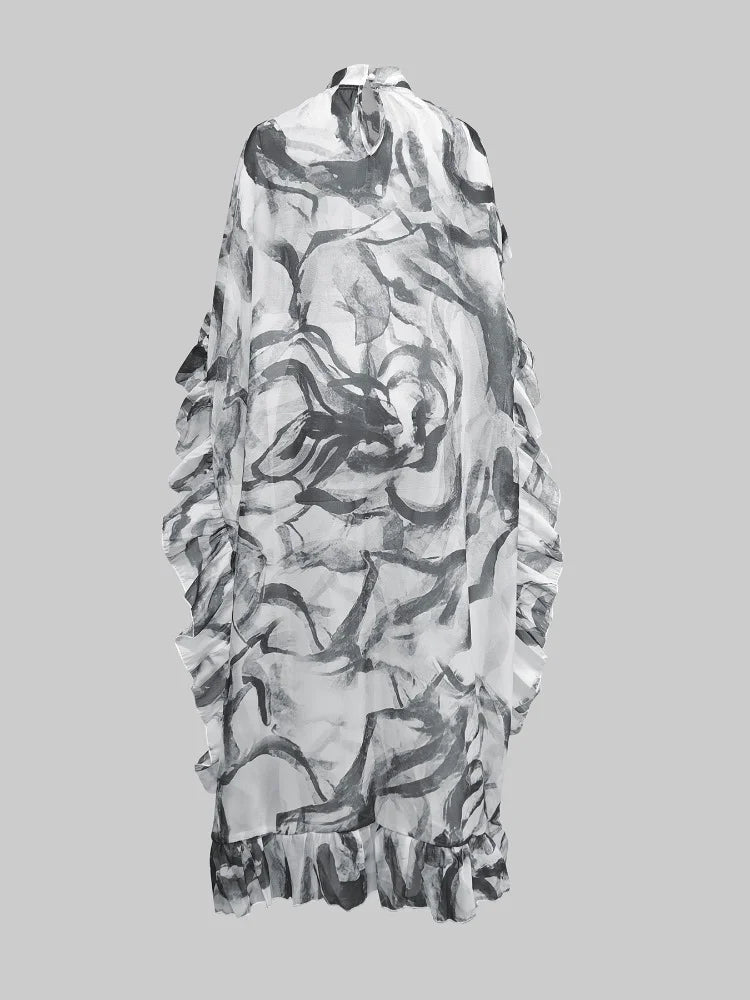 Fashion Vintage Cover-up Top Floral Flower Print Pleated See-Through Sun Protection High-low Loose Blouses Shirts Tops