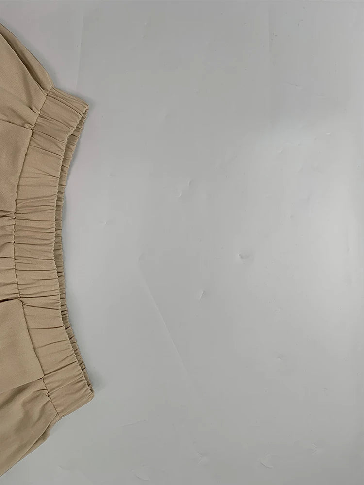 Beautyblue Women's Cropped Pants Khaki Wide-leg Pants 2025 Summer Loose Folds Pocket Elastic Waist Casual Sports Trousers Female