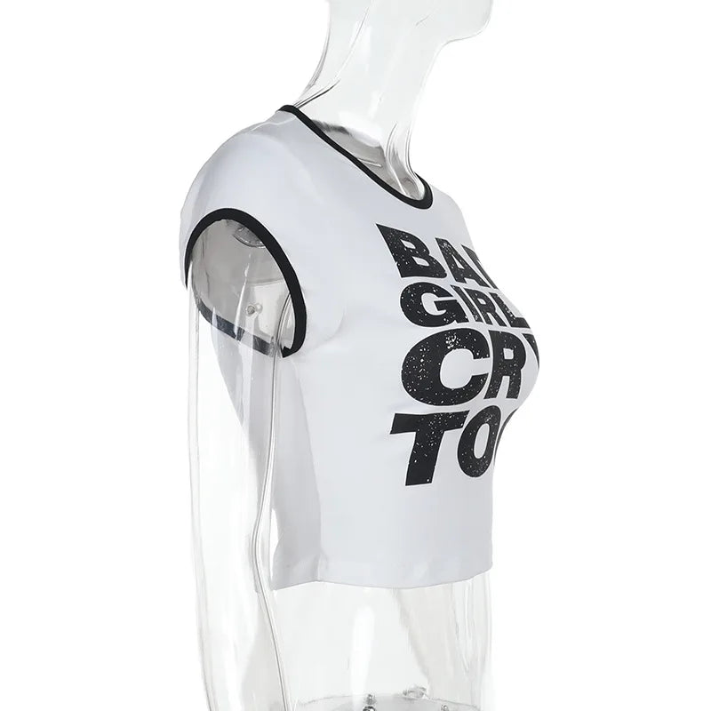 Joskaa 2025 Summer Women's Graphic Print T-Shirt Casual Color Block O-Neck Short Sleeve Slim Tees Y2K Streetwear Fashion Tops