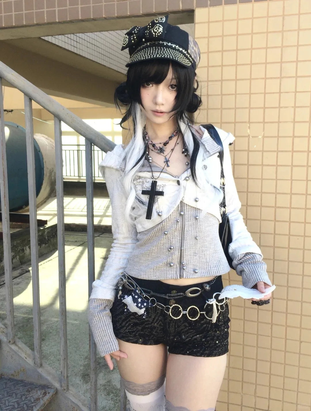 Karrram Japanese Y2k Fake Two-piece Knitted Tops Trashy 2000s Hooded Jacket Vintage Harajuku Knitwear Grunge Aesthetics American
