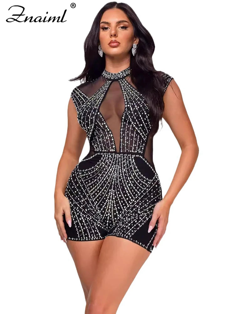 Znaiml Women's Short Jumpsuits Black Rhinestone Sleeveless Romper Birthday Mesh See Through Skinny One Pieces Playsuits Clubwear