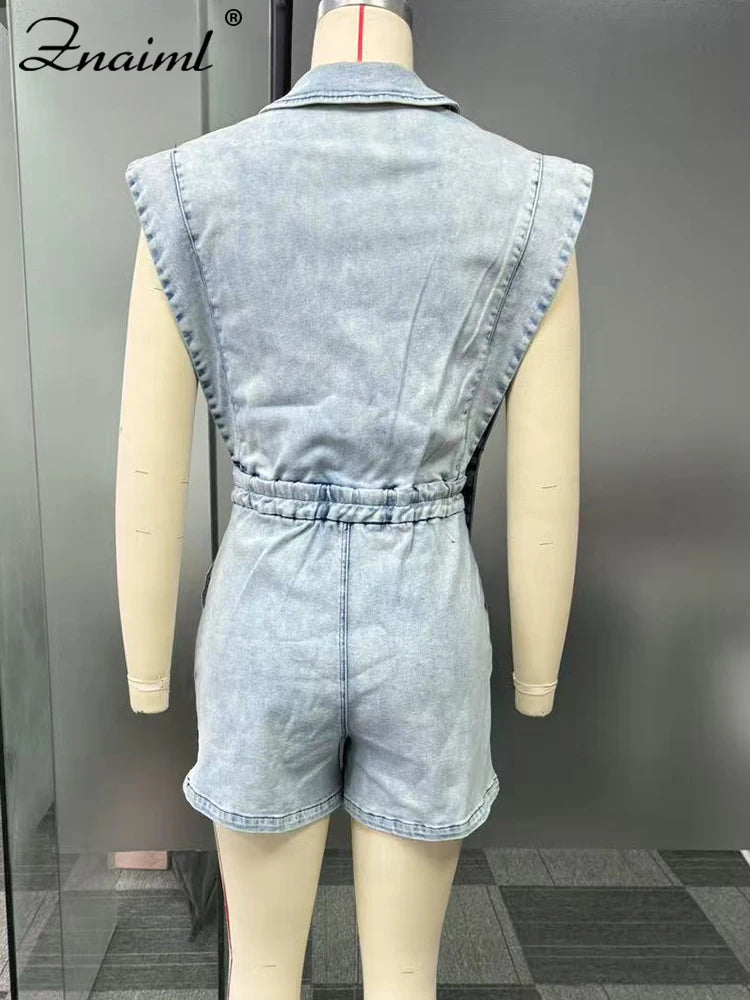 Znaiml Women Lapel Sleeveless Playsuits Fashion Denim Blue Shorts Jumpsuits Hollow Out Button Overalls Jeans One Pieces Rompers