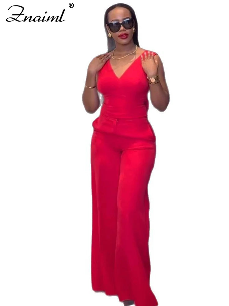 Znaiml Casual Wide Leg Pants Set Women Summer Sleeveless V Neck Backless Bowknot Tops Two 2 Piece Outfits Elegant Vacation 2025