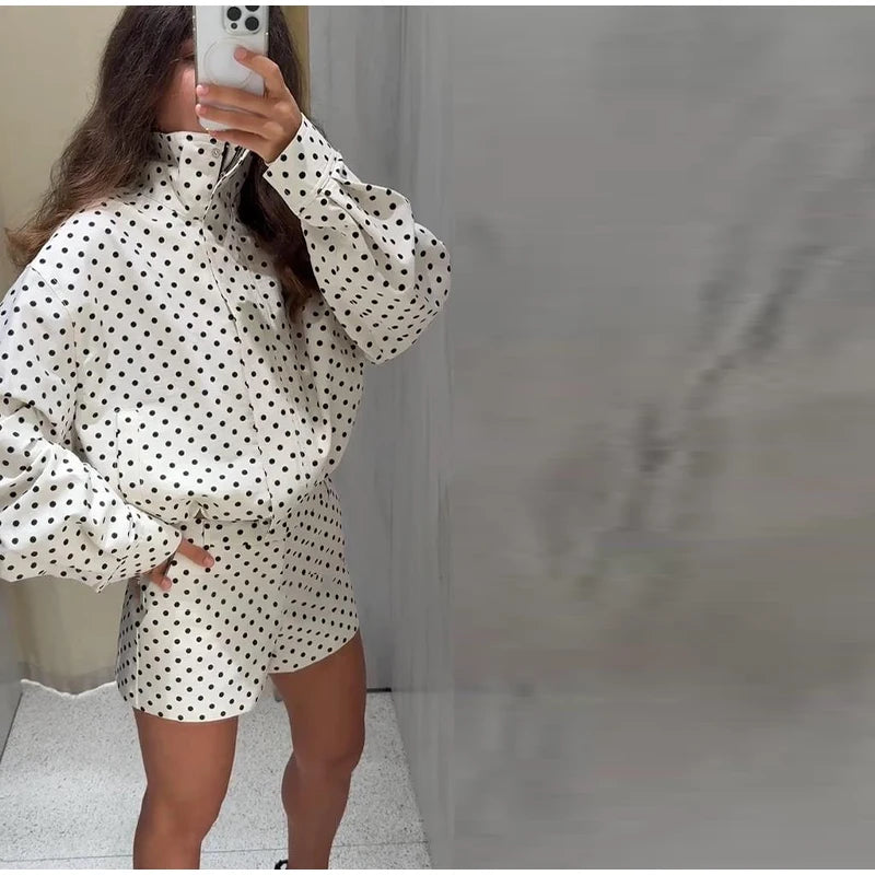 Loose Polka Dot Zipper Women's Shorts Set Stand Collar Patchwork Full Sleeve Pockets Jacket Tie Up Short Pant Suit Summer Outfit